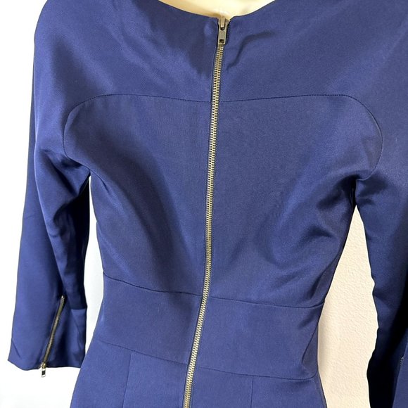 Adam Lippes Navy Blue Silk Satin Dress Size 0 Zipper Scoop Neck Mini 3/4 Sleeve - Picture 6 of 10